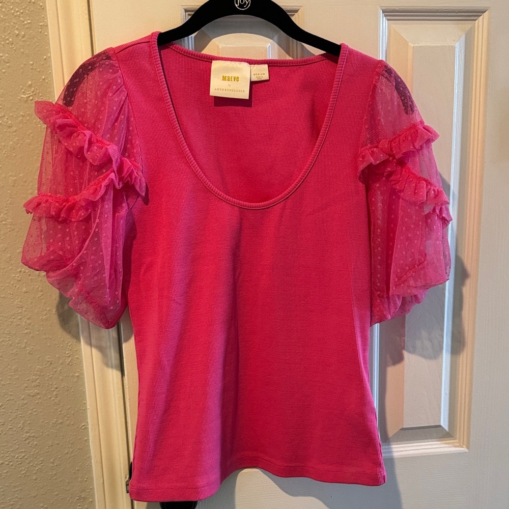 Maeve Pink Short Sleeve Top with Sheer Ruffle Sleeves